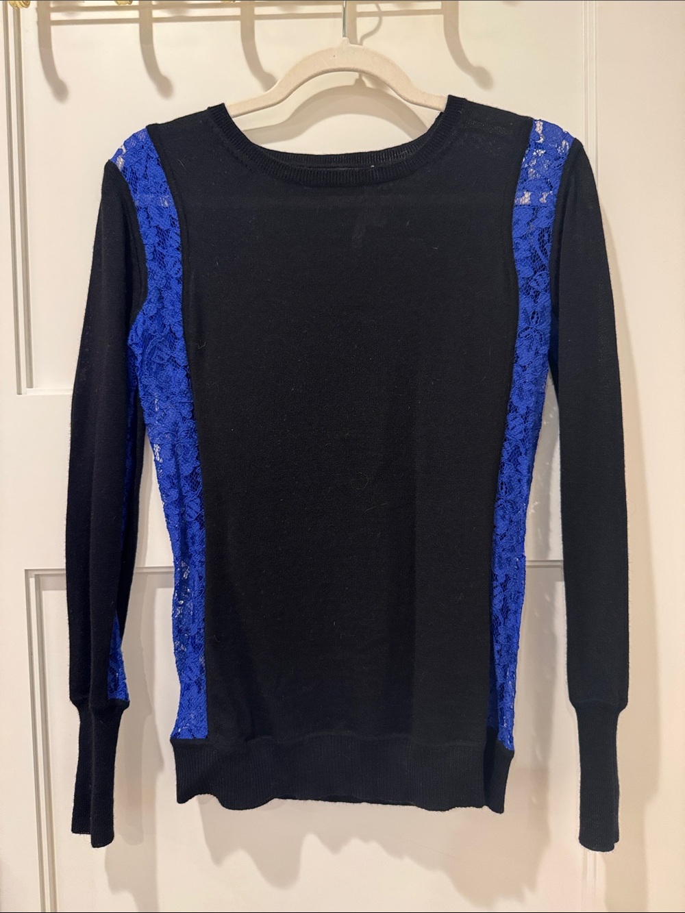 Diane von Furstenberg long sleeve sweater black with royal blue lace panel